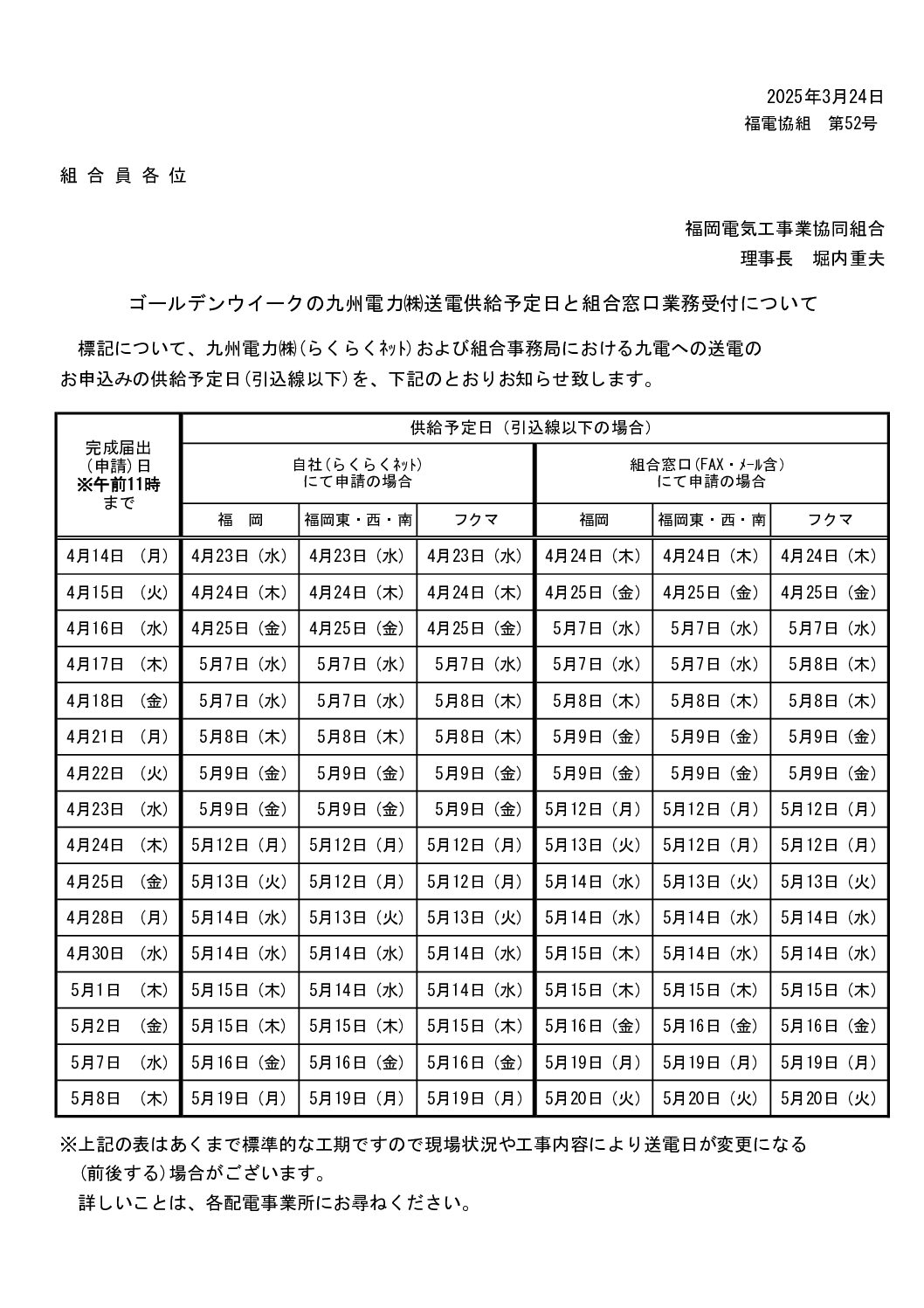 ゴールデンウイークの九州電力低圧契約の供給予定日について
